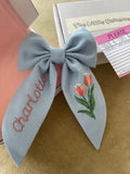 Hair bow with Tulips embroidery