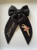 Personalised hair bow barrette with name and ballerina embroidery.