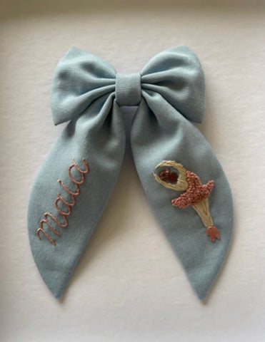 Personalised hair bow with ballerina embroidery